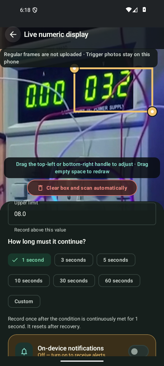 Be Your Eye's numeric monitoring setup screen, with a selected camera region and an upper limit of 08.0 for one second