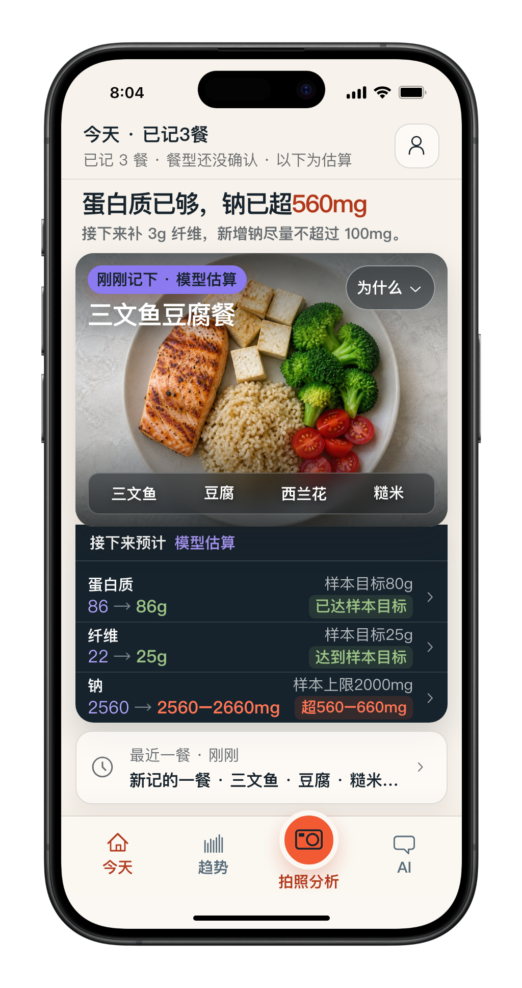 Nutrition Town example Today screen with a meal photograph and estimated nutrient guidance